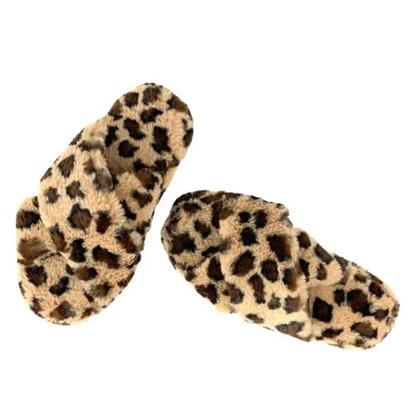TRUE CRAFT Women's CrissCross Flats Fuzzy Furry Slippers Leopard Medium(7-8) - Picture 8 of 11